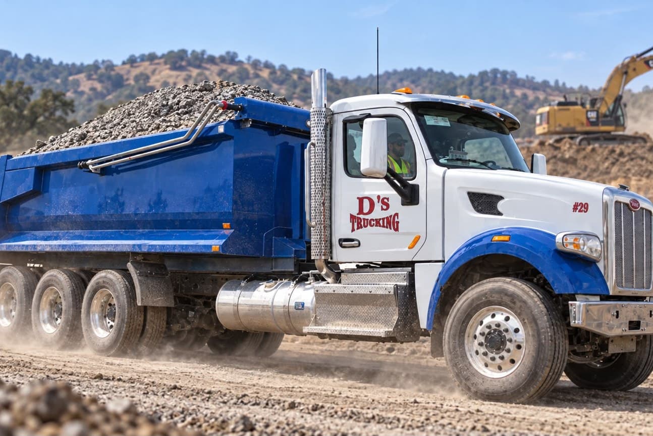 A loaded D’s dump truck pulling out along a site haul road