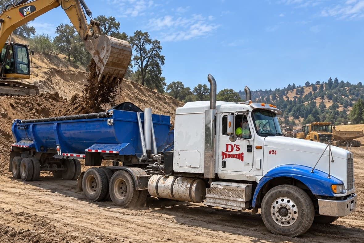 An excavator loading export material into a D’s end-dump trailer