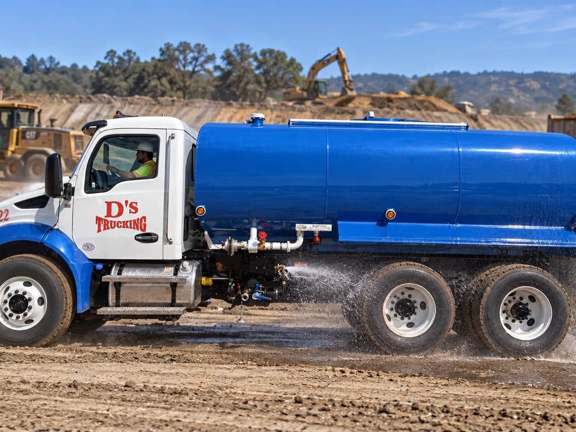 A D’s water truck making a dust-control pass, spray bar running