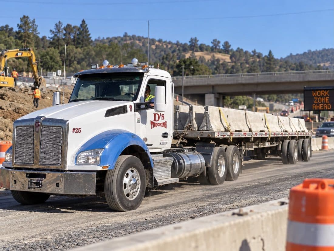 A D’s flatbed hauling concrete barrier past a work zone