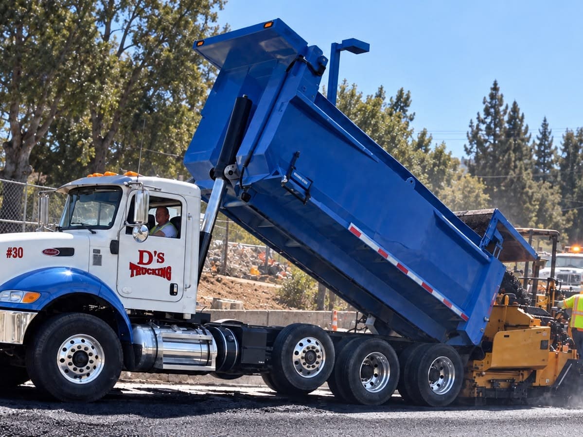 A D’s Super 10 discharging hot mix into an asphalt paver